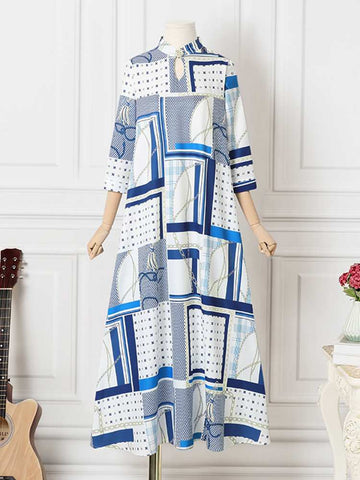 Image of Printed Summer Maxi Dress Summer Women Vintage 3/4 Sleeve Evening Party Pleated Dress 2022 VONDA Fashion Oversized Vestidos-FrenzyAfricanFashion.com