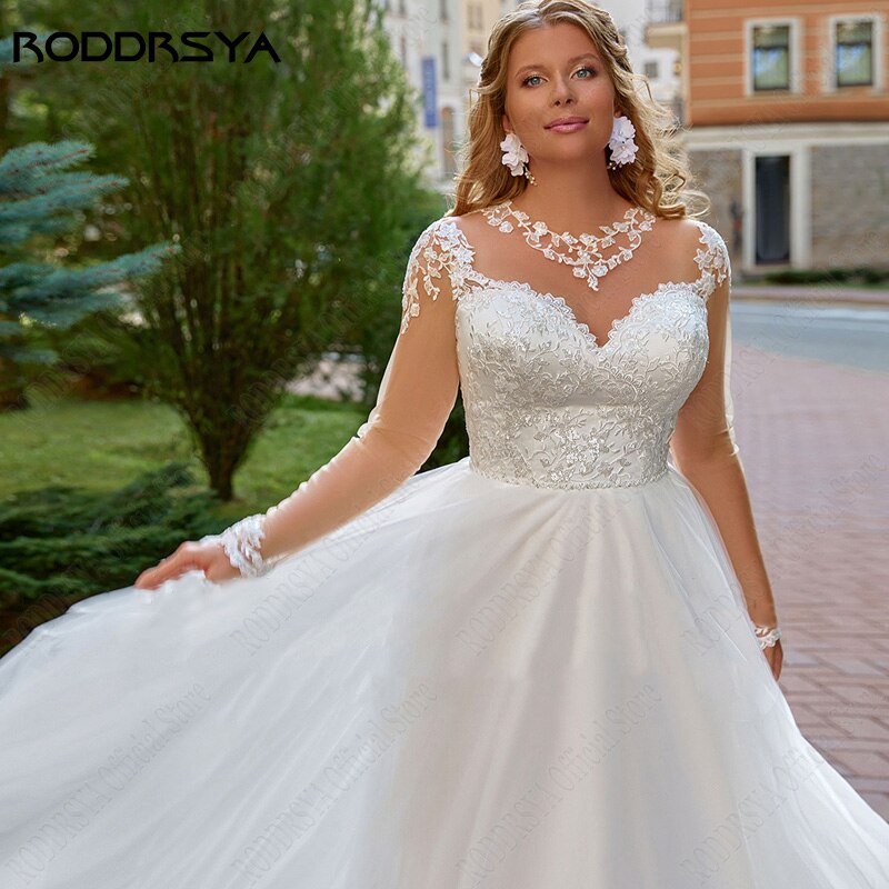 Illusion O-Neck Applique Wedding Dress Plus Size Beach Bridal Gown Lace Up Backless-FrenzyAfricanFashion.com