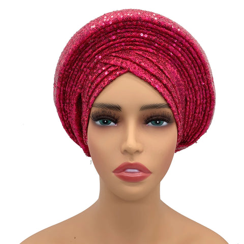 Image of Sequins Auto Gele Headtie African Women's Head Wraps Fashion Turban Cap Nigeria Wedding Geles Already Made Head Ties Headpiece-FrenzyAfricanFashion.com