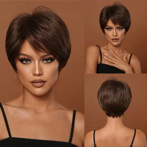 Image of Pixie Cut Wigs for Women Natural Synthetic Short Black Layered Hair Wig with Fluffy Bangs Afro Daily Heat Resistant-FrenzyAfricanFashion.com