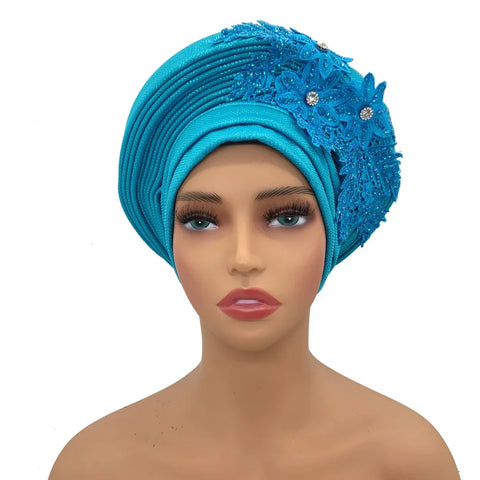 Image of Embroidery Flower African Autogele Headtie Women's Fashion Turban Cap Wedding Gele Party Headpiece Nigeria Female Head Wraps-FrenzyAfricanFashion.com