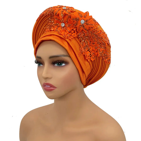 Image of Embroidery Flower African Autogele Headtie Women's Fashion Turban Cap Wedding Gele Party Headpiece Nigeria Female Head Wraps-FrenzyAfricanFashion.com