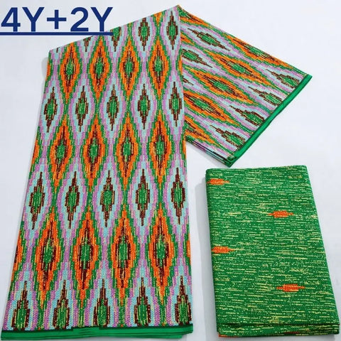 Image of Green Kente Fabric Real Ankara Wax Lace Cotton 6 Yards for Women Party Dress-FrenzyAfricanFashion.com