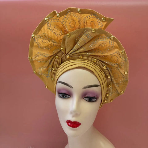 Image of Fahion High Quality Nigerian Gele Headtie Aso Oke Gele Already Made Auto Gele Aso Ebi Headtie African Turban with Bead Z1113-1-FrenzyAfricanFashion.com