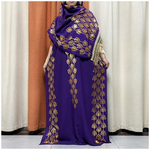 Image of Women Dubai Stretch Print Loose Fit Elegant Dresses Caftan Moroccan Robe With Headscarf-FrenzyAfricanFashion.com