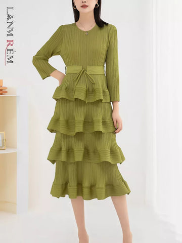 Image of Women Pleated Mid Dress Solid Color Ruffles Party Wedding-FrenzyAfricanFashion.com