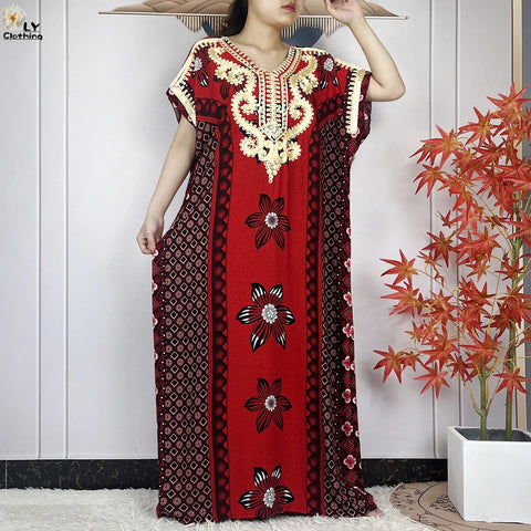 Image of Women Floral Dress African Dashiki Kaftan Short Sleeve Women Casual Hijab Dress-FrenzyAfricanFashion.com