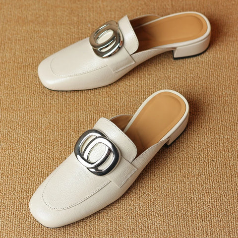 Image of Plus size 34-41 women's genuine leather square toe slip-on flats summer mules metal buckle decoration casual female sandals shoe-FrenzyAfricanFashion.com