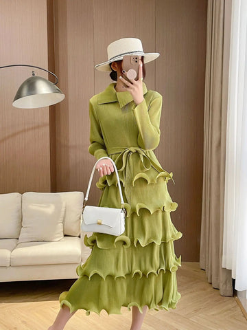 Image of French Long Sleeve Lapel Ruffle Dress Belt Pleated Fashion Loose Clothing-FrenzyAfricanFashion.com