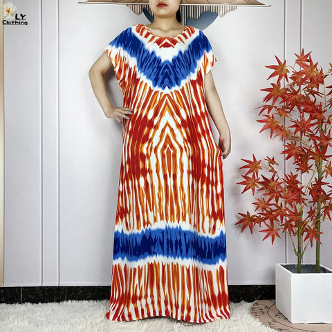 Image of Short Sleeve African Dashiki Tie-dyed Cotton Abaya Caftan Casual Dresses With Big Scarf-FrenzyAfricanFashion.com