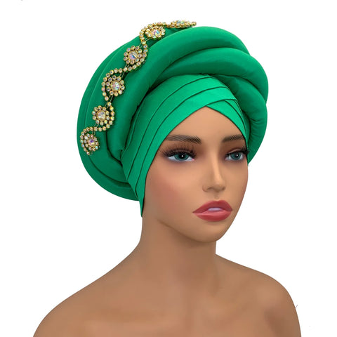 Image of Twisted Braid Turban Cap for Women African Lady Head Wraps Diamonds Nigeria Raw Silk Autogele Headtie Muslim Hat Party Headwear-FrenzyAfricanFashion.com