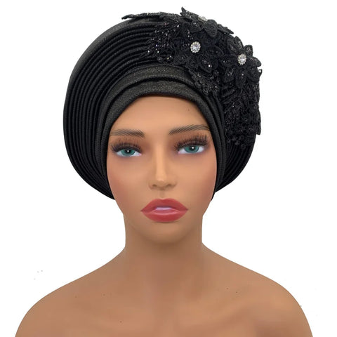 Image of Embroidery Flower African Autogele Headtie Women's Fashion Turban Cap Wedding Gele Party Headpiece Nigeria Female Head Wraps-FrenzyAfricanFashion.com