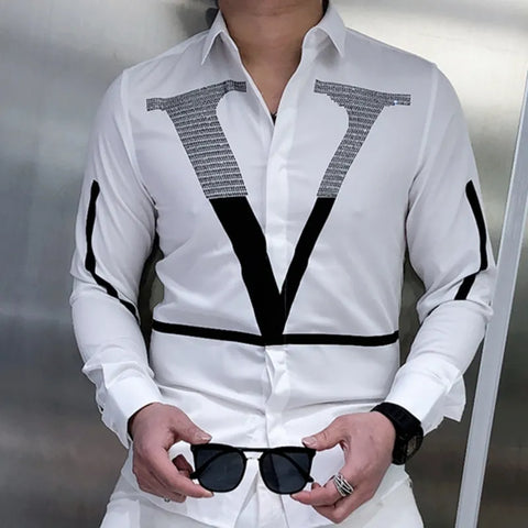 Image of European Fashion Letter Print Shirt Men Fashion Rhinestones Long Sleeve Dress Shirt Men-FrenzyAfricanFashion.com