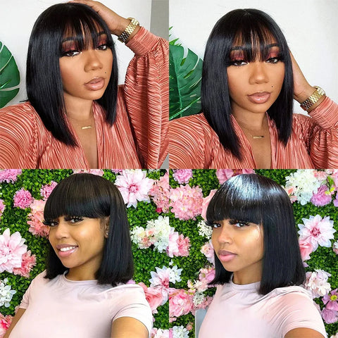 Image of 3X1 Middle Part Lace Wig Bob Wigs Full Machine Made Bone Straight Human Hair Wigs With Bangs Short Bob Human Hair Wigs For Women-FrenzyAfricanFashion.com