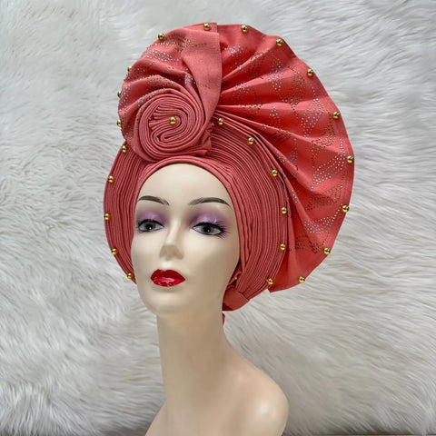 Image of Fahion High Quality Nigerian Gele Headtie Aso Oke Gele Already Made Auto Gele Aso Ebi Headtie African Turban with Bead Z1113-1-FrenzyAfricanFashion.com