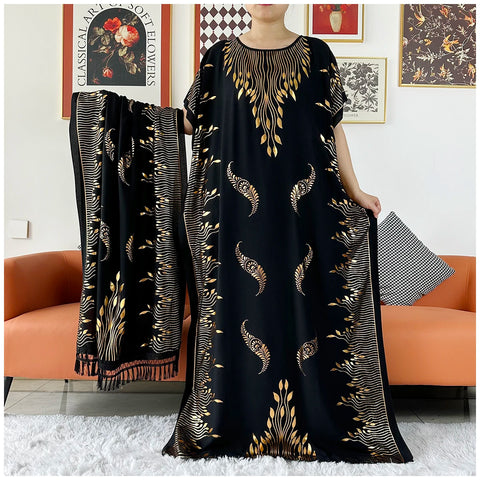 Image of Women Dubai Stretch Print Loose Fit Elegant Dresses Caftan Moroccan Robe With Headscarf-FrenzyAfricanFashion.com