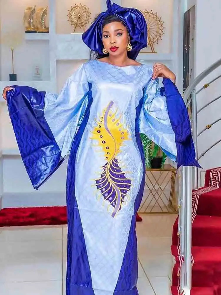 Blue Abaya Dashiki Robe Traditional Wedding Party Bazin Riche Long Dresses-FrenzyAfricanFashion.com