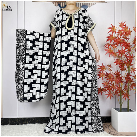 Image of Women Short Sleeve Cotton Loose Dress Boubou Maxi Dresses With Scarf-FrenzyAfricanFashion.com