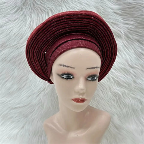 Image of Nigerian gel headgear, with stone bead, already made auto, turban, afro aso ebi gel aso oke, wide brim headgear 7L031502-FrenzyAfricanFashion.com