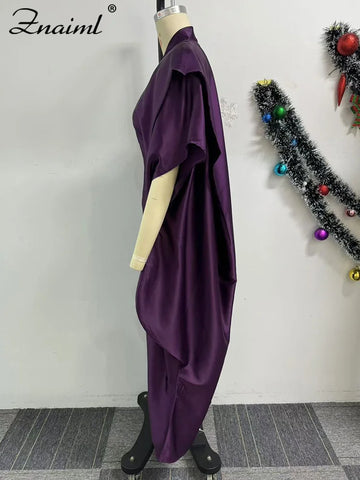 Image of Purple Maxi Dress Women Half Sleeve Straight Loose Fit Evening Party-FrenzyAfricanFashion.com