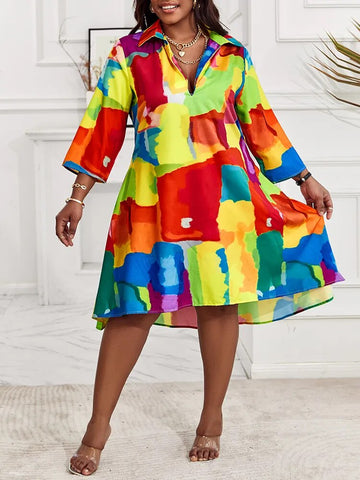 Image of Plus Size Melting Colors All-over Print Flowy Shirt Dress-FrenzyAfricanFashion.com