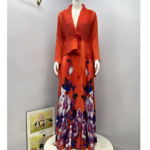 Image of Fashion Print Pleated 2 Piece Set Women Belt Loose Tops + High Waist A-line Long Skirts-FrenzyAfricanFashion.com