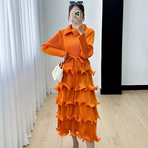 Image of Pleated Wood Ear Edge Maix Dress for Women's w Vintage Cake Skirt Spliced Lapel Mid Length Dress-FrenzyAfricanFashion.com