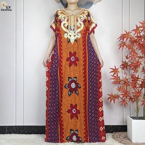 Image of Women Floral Dress African Dashiki Kaftan Short Sleeve Women Casual Hijab Dress-FrenzyAfricanFashion.com