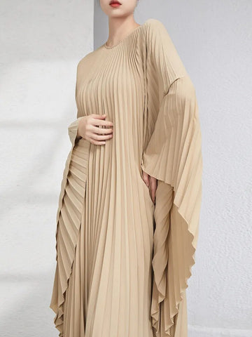 Image of Solid Batwing Sleeve Pleated Dress Loose Irregular Clothing Spring Autumn-FrenzyAfricanFashion.com