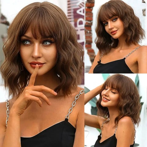 Image of Short Wavy Synthetic Bob Wigs Dark Brown with Highlight Bangs-FrenzyAfricanFashion.com