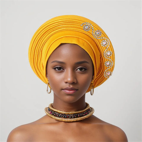 Image of African auto gele Headtie Wedding Party Headpiece Women Head Wraps Muslim Hat-FrenzyAfricanFashion.com