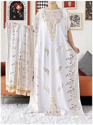 Image of Women Dubai Stretch Print Loose Fit Elegant Dresses Caftan Moroccan Robe With Headscarf-FrenzyAfricanFashion.com