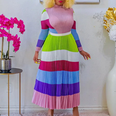 Image of Women Ruched 2 Piece Outfit Long Sleeve T Shirt Tops High Waist Maxi Skirt-FrenzyAfricanFashion.com