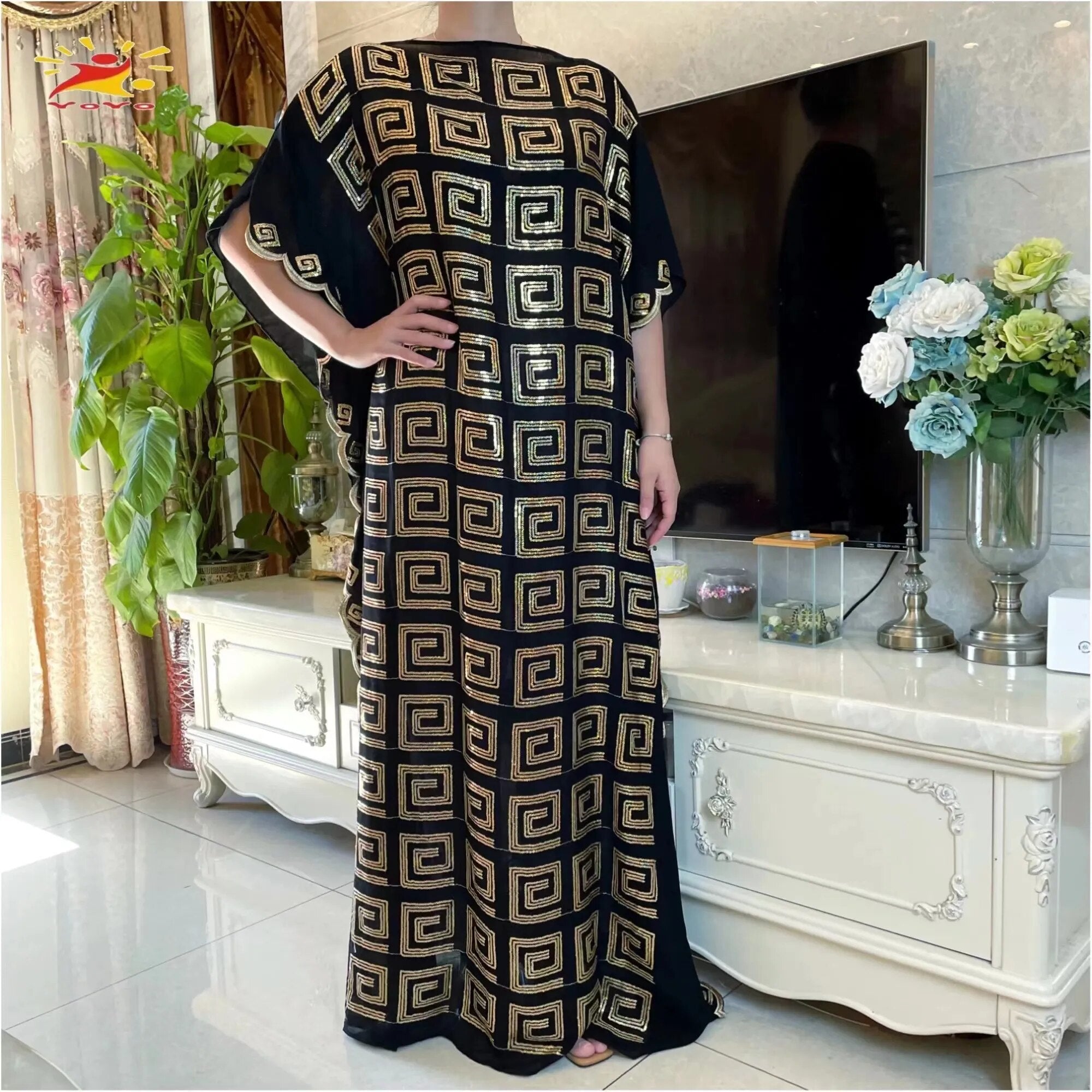 Women Abaya African Embroidery Flower Dress With Scarf-FrenzyAfricanFashion.com