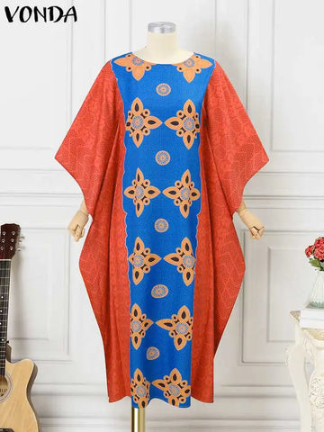 Image of VONDA 2024 Bohemian Maxi Long Dress Women Vintage Printed Bat Sleeve Party Sundress Oversized Loose Casual Vestidos Robe Femme-FrenzyAfricanFashion.com