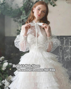 Lace Appliques A Line Ruffles Bridal Dress Full Lace Sleeves-FrenzyAfricanFashion.com