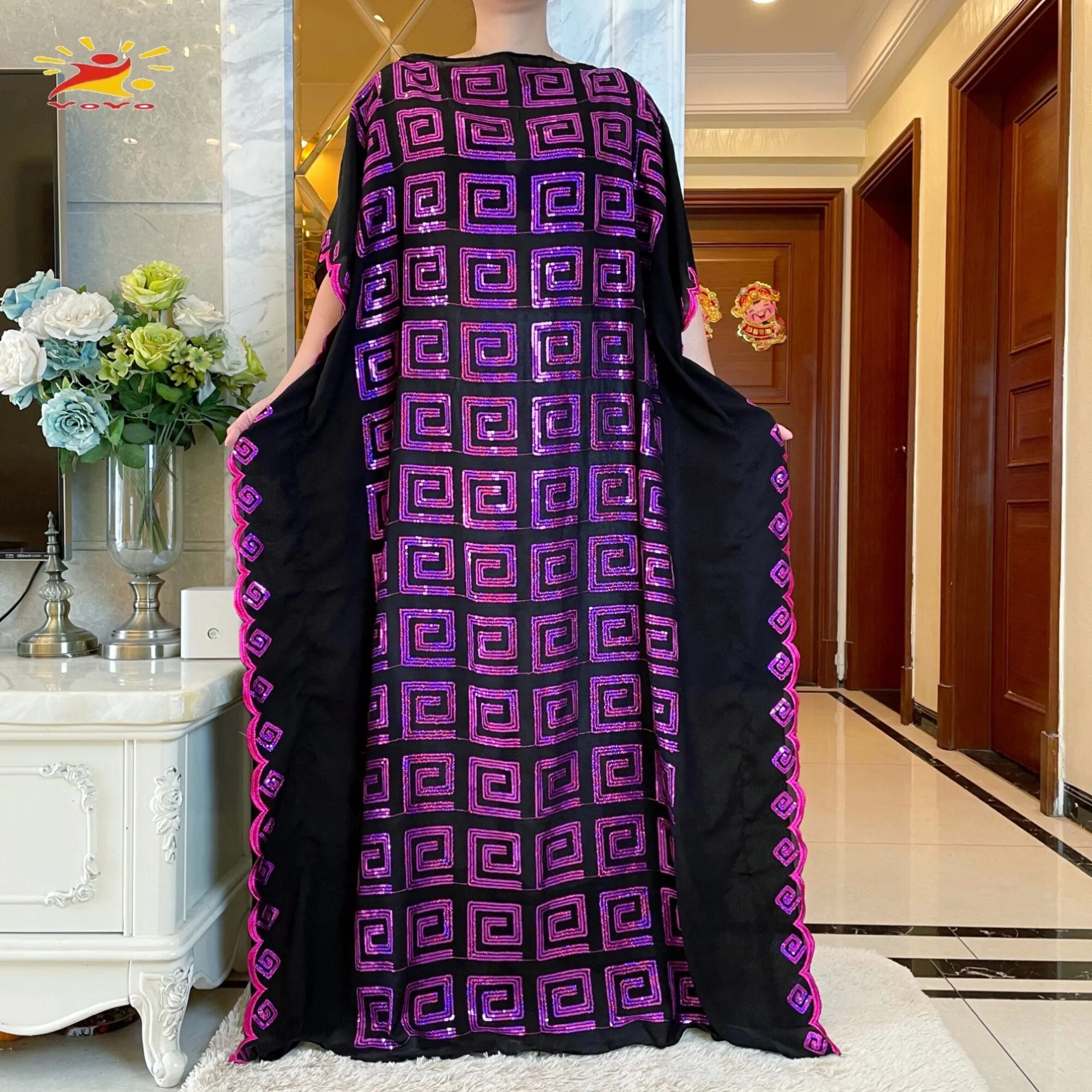 Women Abaya African Embroidery Flower Dress With Scarf-FrenzyAfricanFashion.com