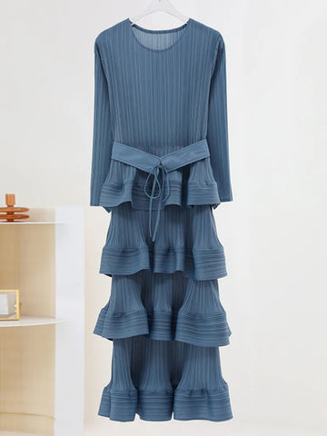 Image of Women Pleated Mid Dress Solid Color Ruffles Party Wedding-FrenzyAfricanFashion.com