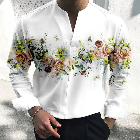 Image of Men's Shirt Floral Graphic Prints Stand Collar Outdoor Street Long Sleeve Print Clothing Apparel Fashion Designer Casual Comfort-FrenzyAfricanFashion.com