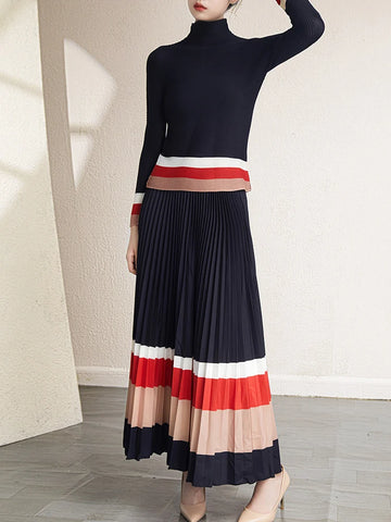 Image of Women's Color Print Pleated Set Fashion Long Sleeves T-shirt High Waist A-line Skirt-FrenzyAfricanFashion.com