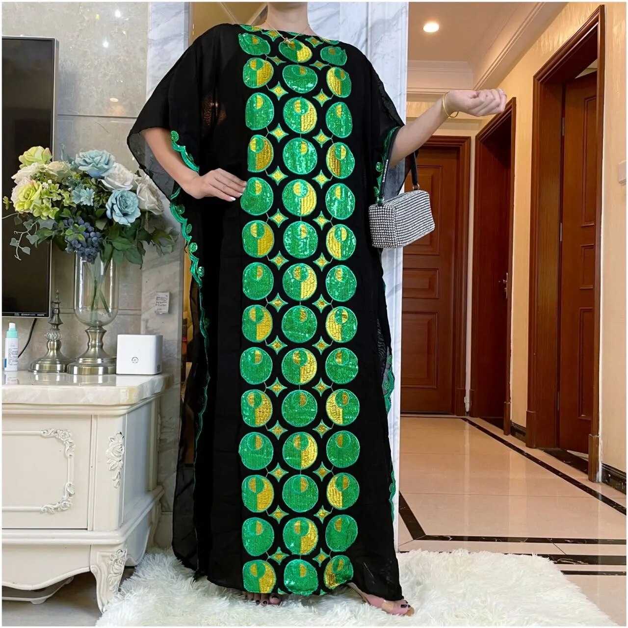 Women Abaya African Embroidery Flower Dress With Scarf-FrenzyAfricanFashion.com