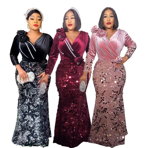 Image of 2023 Velvet African Dresses for Women Africa Women Long Sleeve V-neck Plus Size Flower Sequin Evening Party Long Dress-FrenzyAfricanFashion.com