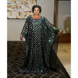 Unique Plus Size African Print Dashiki Dress with Batwing Sleeves and Glitter Sequin Accents for Women-FrenzyAfricanFashion.com