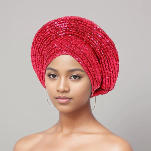 Image of Sequins Auto Gele Headtie African Women's Head Wraps Fashion Turban Cap Nigeria Wedding Geles Already Made Head Ties Headpiece-FrenzyAfricanFashion.com