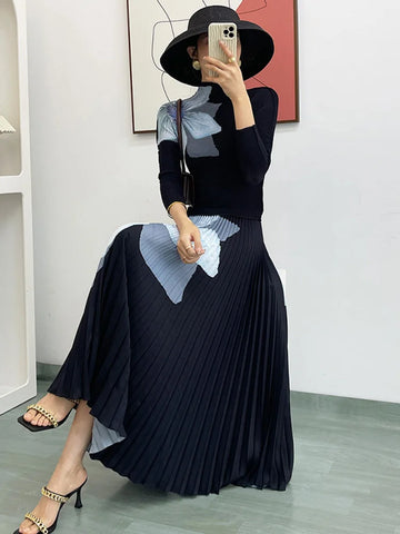 Image of Elegant Fashion Printed Pleated 2 Pieces Set Women Turtleneck Slim Tops With High Waist Mid Length Skirts-FrenzyAfricanFashion.com