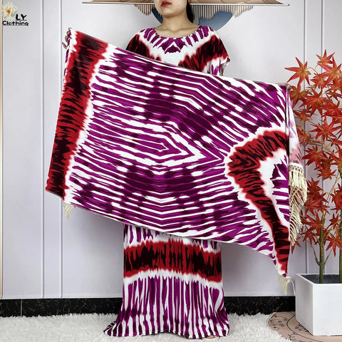 Image of Short Sleeve African Dashiki Tie-dyed Cotton Abaya Caftan Casual Dresses With Big Scarf-FrenzyAfricanFashion.com