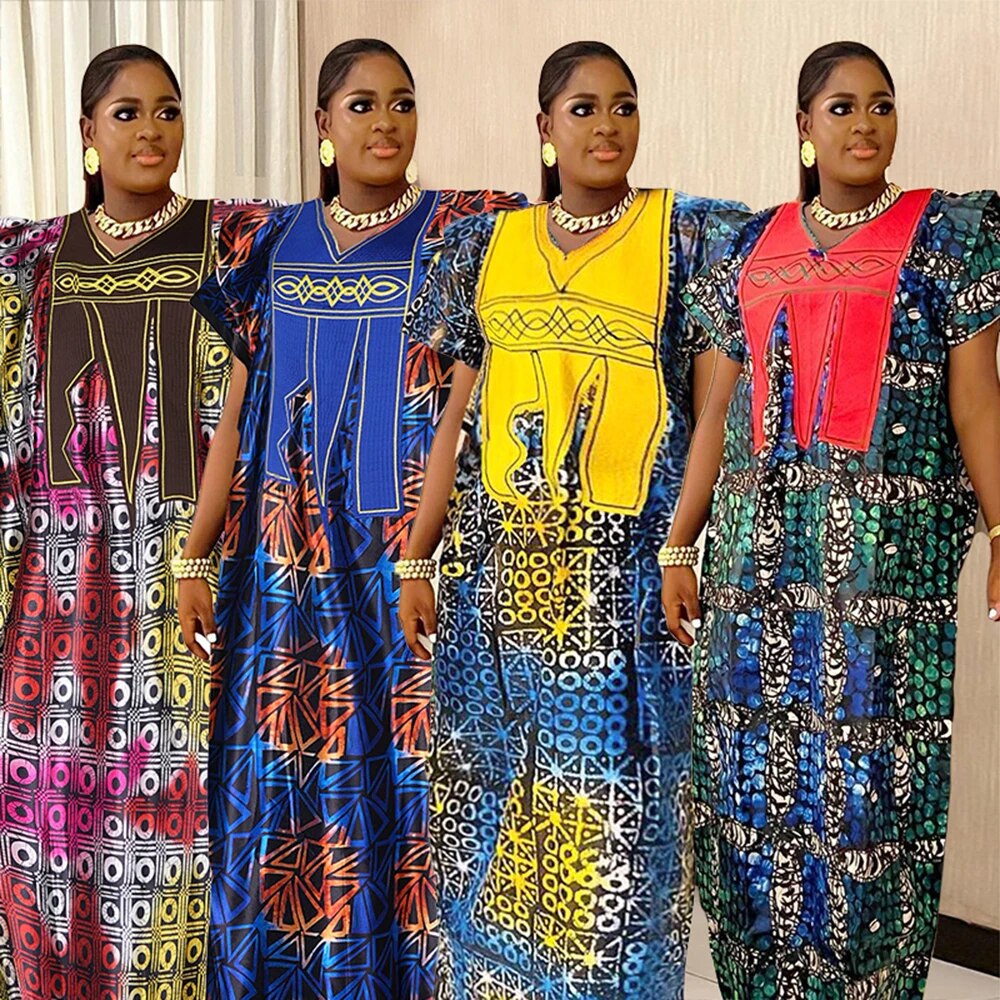 African Dresses For Women Traditional Embroidery Bazin Dress-FrenzyAfricanFashion.com