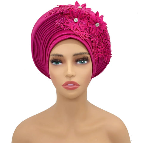 Image of Embroidery Flower African Autogele Headtie Women's Fashion Turban Cap Wedding Gele Party Headpiece Nigeria Female Head Wraps-FrenzyAfricanFashion.com