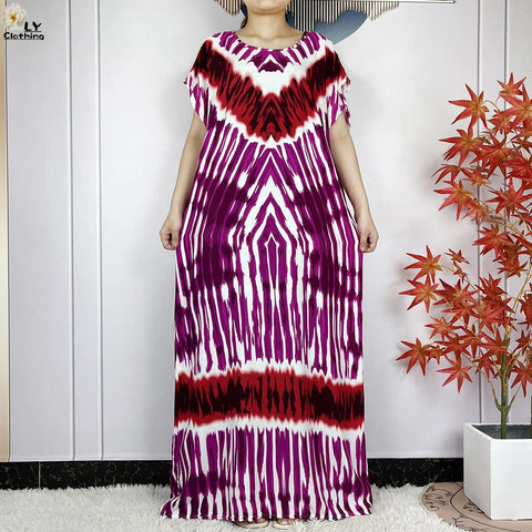 Image of Short Sleeve African Dashiki Tie-dyed Cotton Abaya Caftan Casual Dresses With Big Scarf-FrenzyAfricanFashion.com