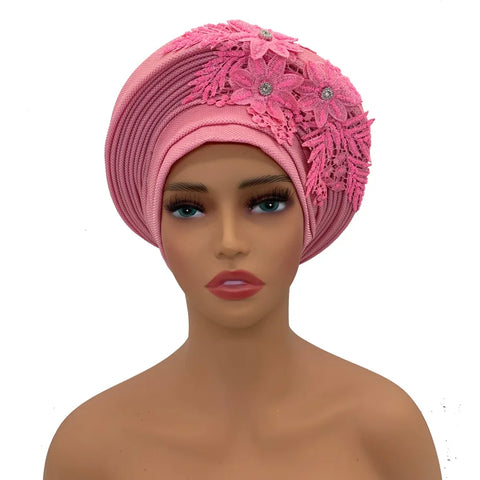 Image of Embroidery Flower African Autogele Headtie Women's Fashion Turban Cap Wedding Gele Party Headpiece Nigeria Female Head Wraps-FrenzyAfricanFashion.com